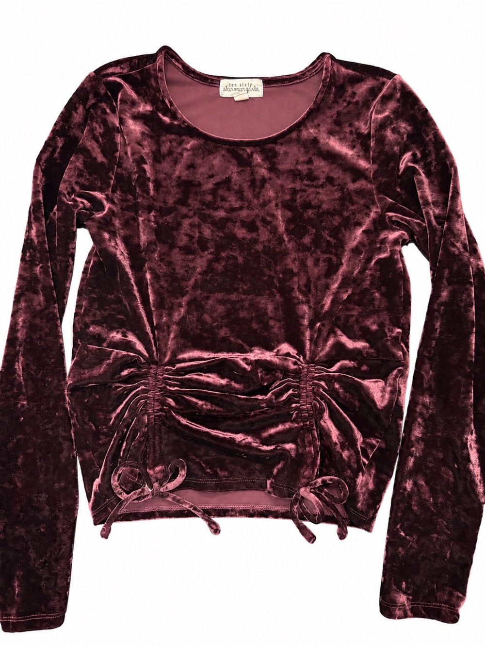 Ten Sixty Sherman Girls Crushed Velvet Burnout Top Burgundy Purple Ruched Tie L